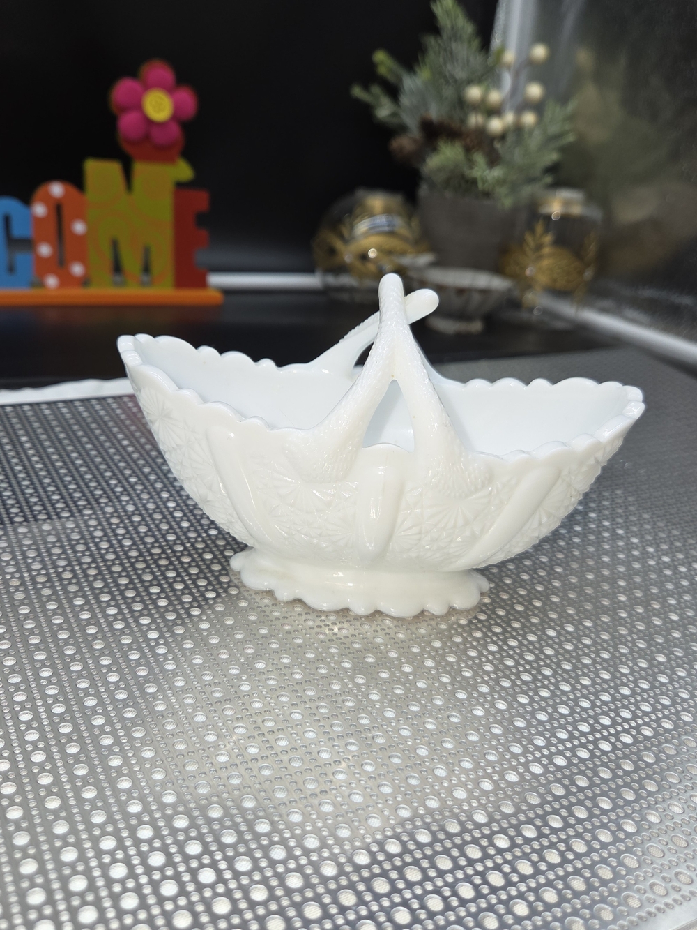 Vintage Fenton White Milk Glass Basket Daisy and Button Milkglass